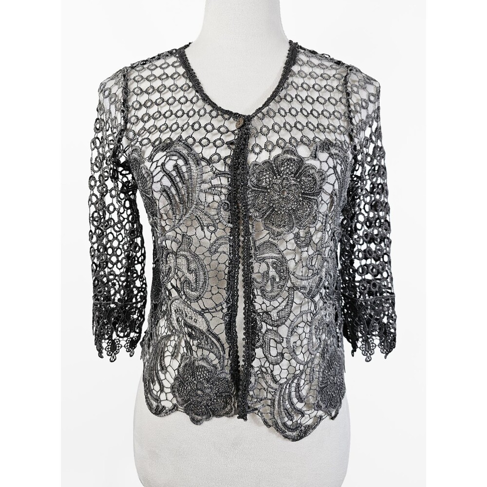 Made in Italy Size Small Italian Floral Lace Gray Macrame Layering Cardigan